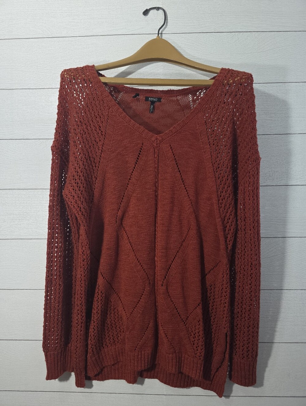 Rust Open Knit Pointelle V-Neck Sweater Size Large Buffalo David Bitton